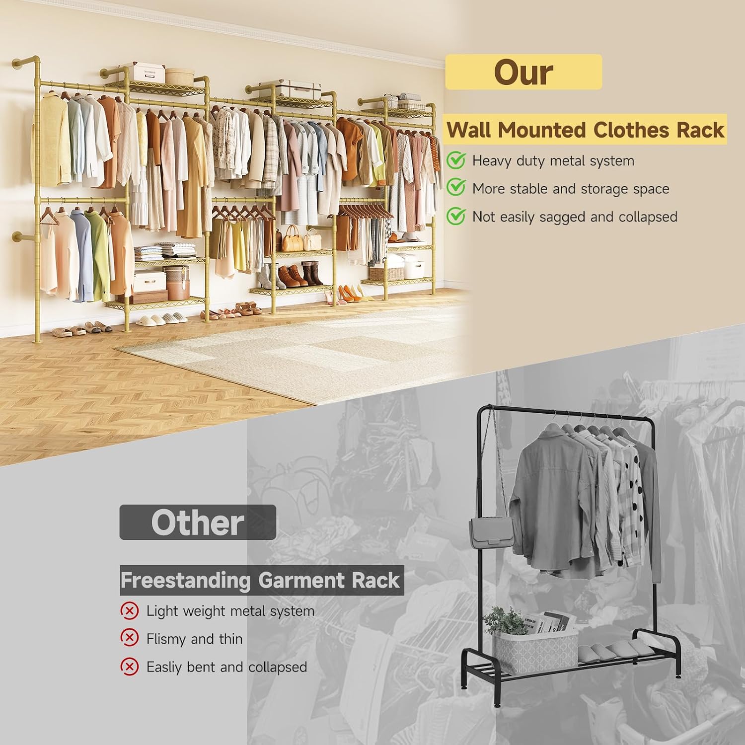 H6 Wall Mounted Closet System, Industrial Pipe Clothes Rack Clothing Racks with 6 Telescopic Rods & 3 Fixing Rods & 9 Shelves, Heavy Duty Closet Organizers and Storage in Wardrobe Closet (Gold)