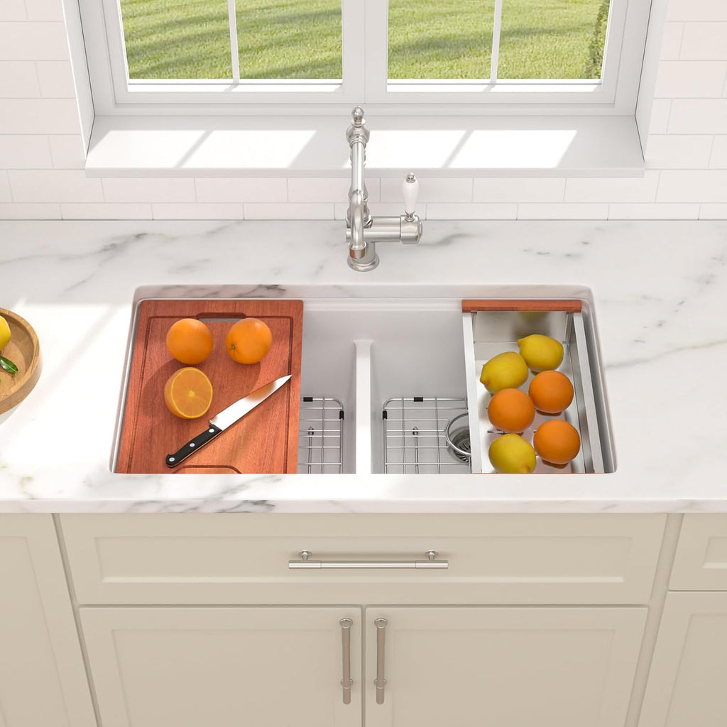 Dcolora 33 Inch Granite Compoisite Kitchen Sink White Undermount Kitchen Sink 50/50 Double Bowl Workstation Elegant Under Counter basin 33'×19'×10'，#DC-GX3327