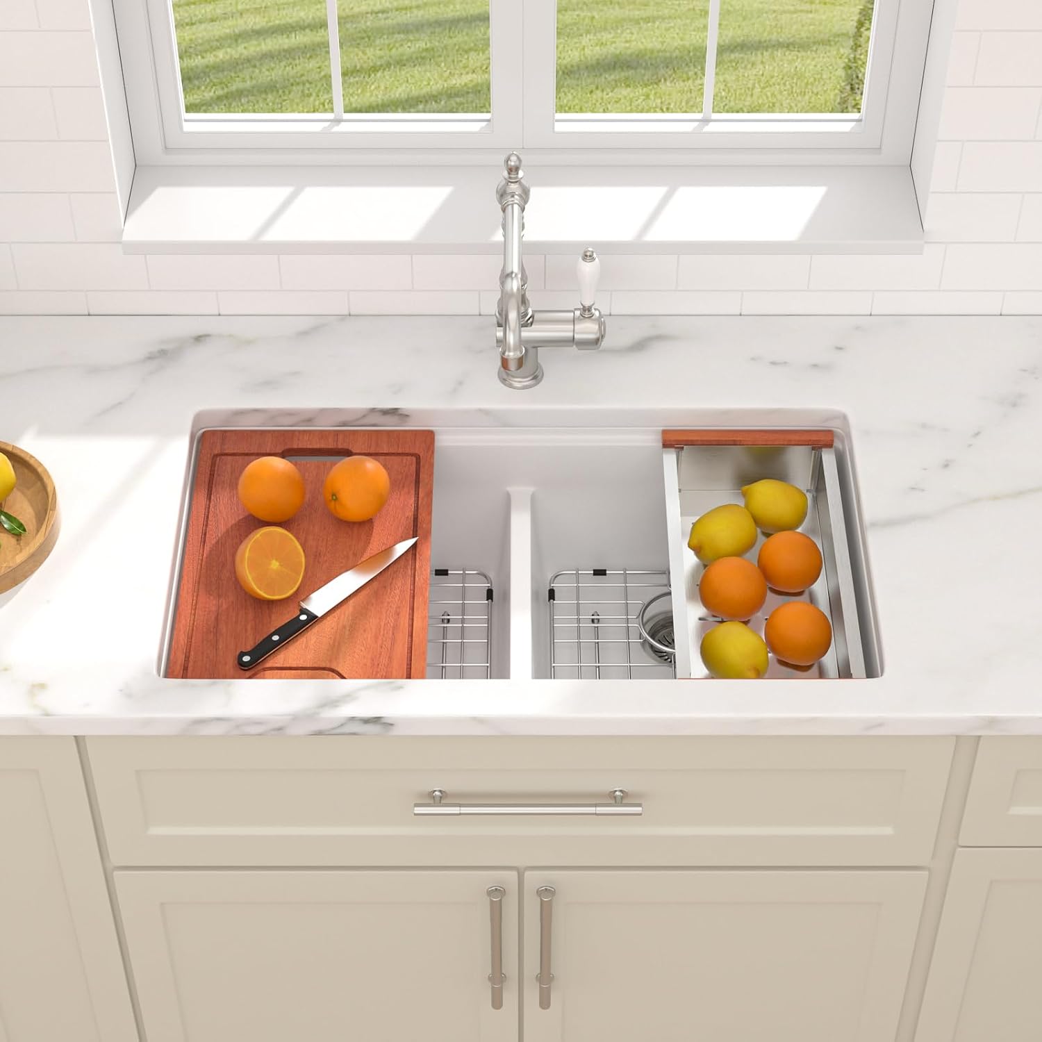 Dcolora 33 Inch Granite Compoisite Kitchen Sink White Undermount Kitchen Sink 50/50 Double Bowl Workstation Elegant Under Counter basin 33'×19'×10'，#DC-GX3327