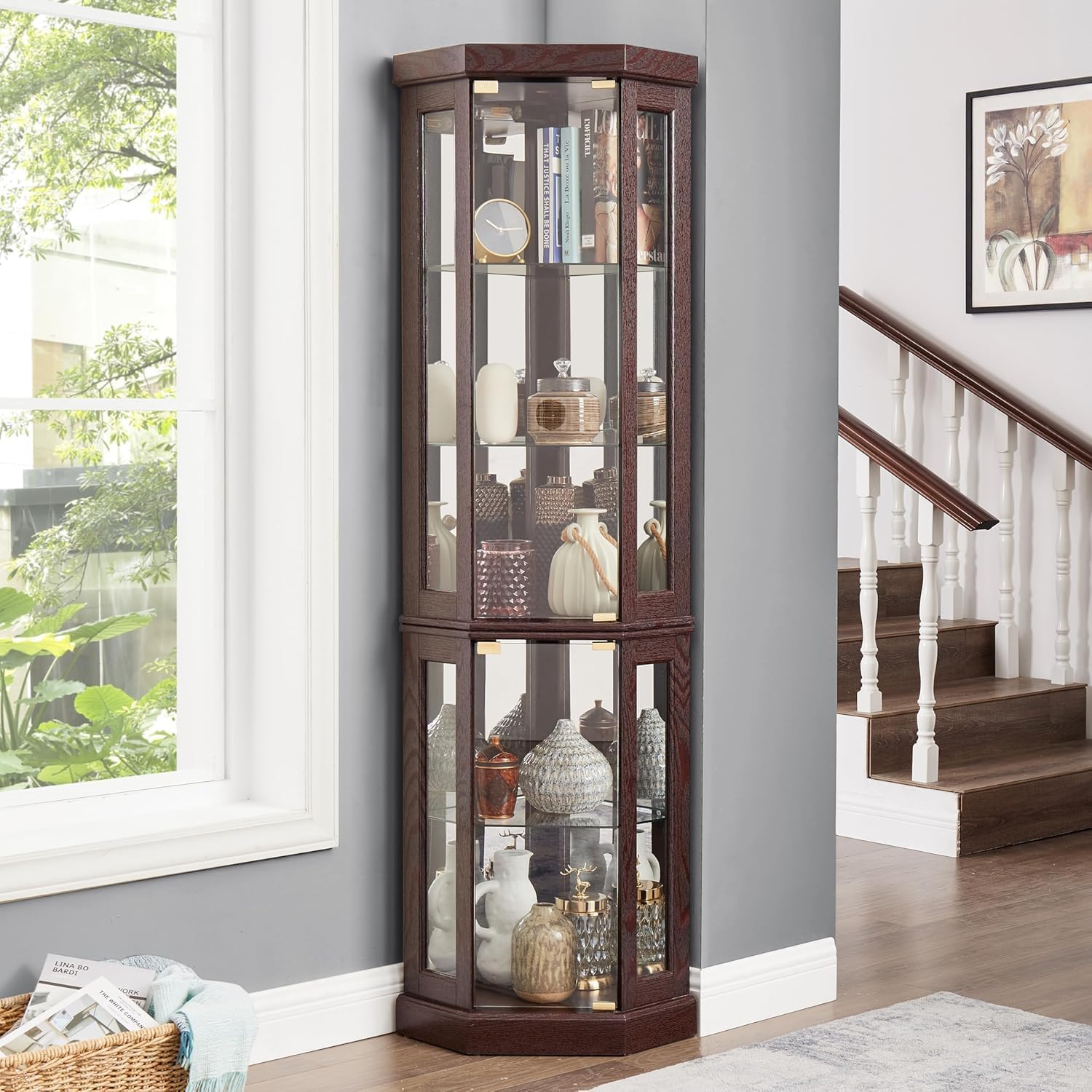 69' H Lighted Corner Curio Cabinet, 5-Tier Curio Glass Display Cabinet with Door & Adjustable Glass Shelves, Wooden Display Showcase Corner Storage Cabinet for Living Room (Dark Cherry)