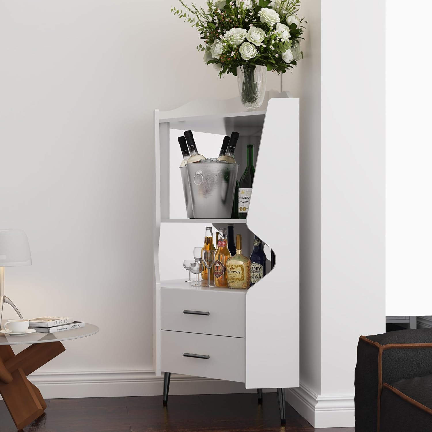 GDFStudio Wooden Corner Shelf Cabinet, Mirrored Back Coffee Bar Cabinets with Drawers & Open Storage, High Feet Corner Wine Rack Liquor Stand Kitchen Storage Cabinet for Living Room Dining Room, White