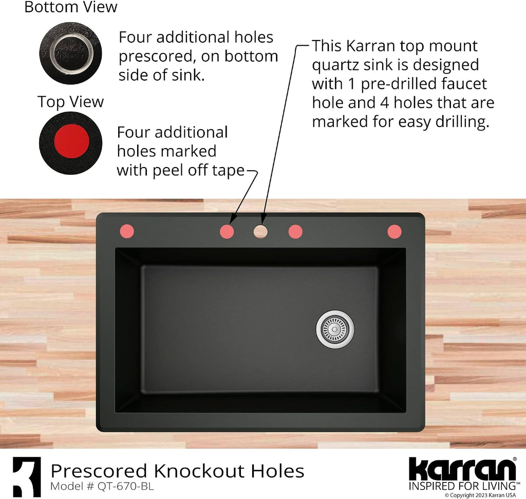 Karran QT-670 Drop-In/Top Mount 33' Single Bowl Granite Quartz Composite Kitchen Sink in Brown Right Side Drain, Extra Deep 9' Basin, Heat & Scratch Resistant, Sound Dampening