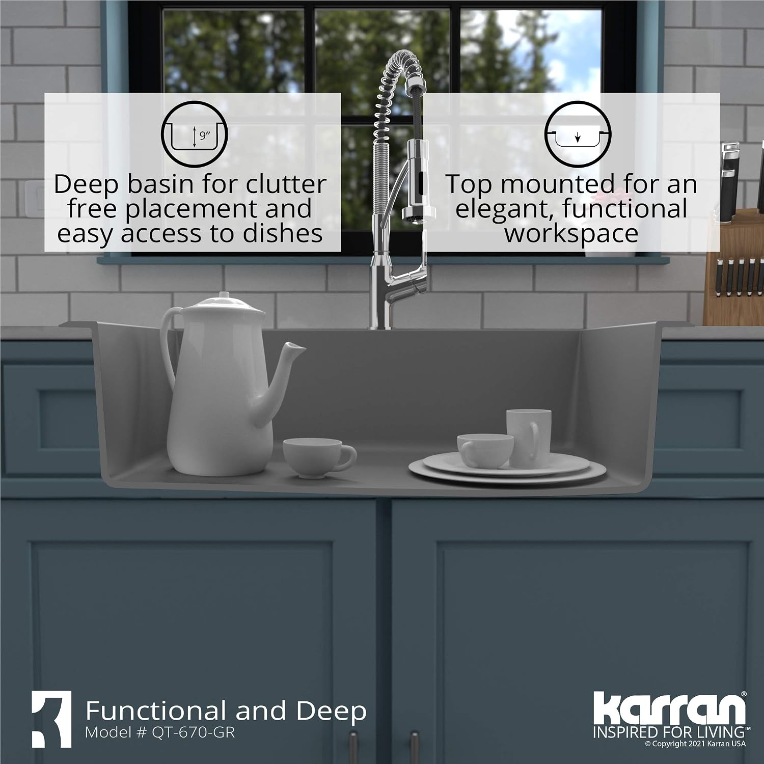 Karran QT-670 Drop-In/Top Mount 33' Single Bowl Granite Quartz Composite Kitchen Sink in Grey, Right Side Drain, Extra Deep 9' Basin, Heat & Scratch Resistant, Sound Dampening