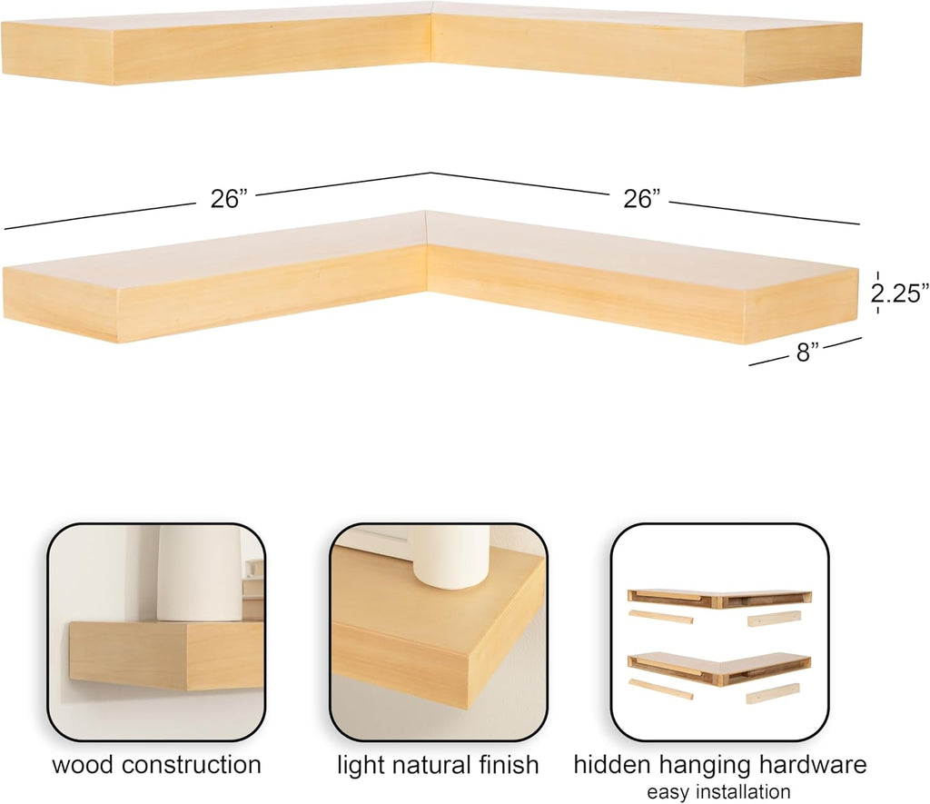 Kate and Laurel Havlock Modern Wood Two-Piece Floating Corner Shelf Set, 26 x 8 x 3, Natural Wood, Wooden Corner Shelving with Unique Geometric Shape for Living Room Decor or Entryway Storage