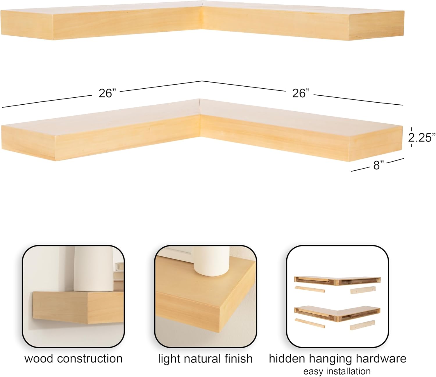 Kate and Laurel Havlock Modern Wood Two-Piece Floating Corner Shelf Set, 26 x 8 x 3, Natural Wood, Wooden Corner Shelving with Unique Geometric Shape for Living Room Decor or Entryway Storage