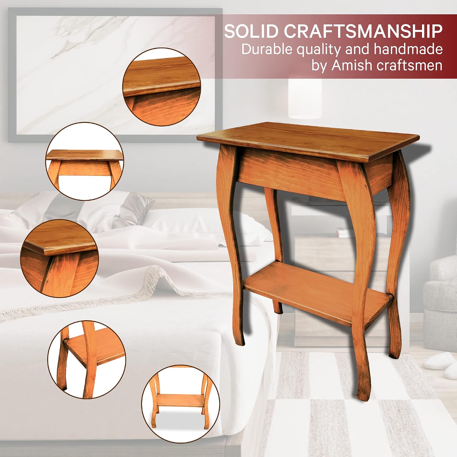 Peaceful Classics Wooden End Table- Amish Handmade Slim Side Table for Living Room, Bedroom, Entry Way, & Hallway, Thin Narrow End Table with 2-Tiered Shelves for Display & Storage, Cherry