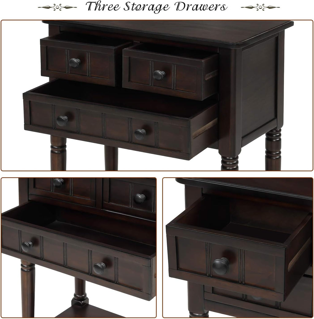 Knocbel Slim Antique Entry Console Table with Drawers & Bottom Open Shelf, Solid Wood Sofa Couch Table for Entryway Hallway Living Room (Espresso)