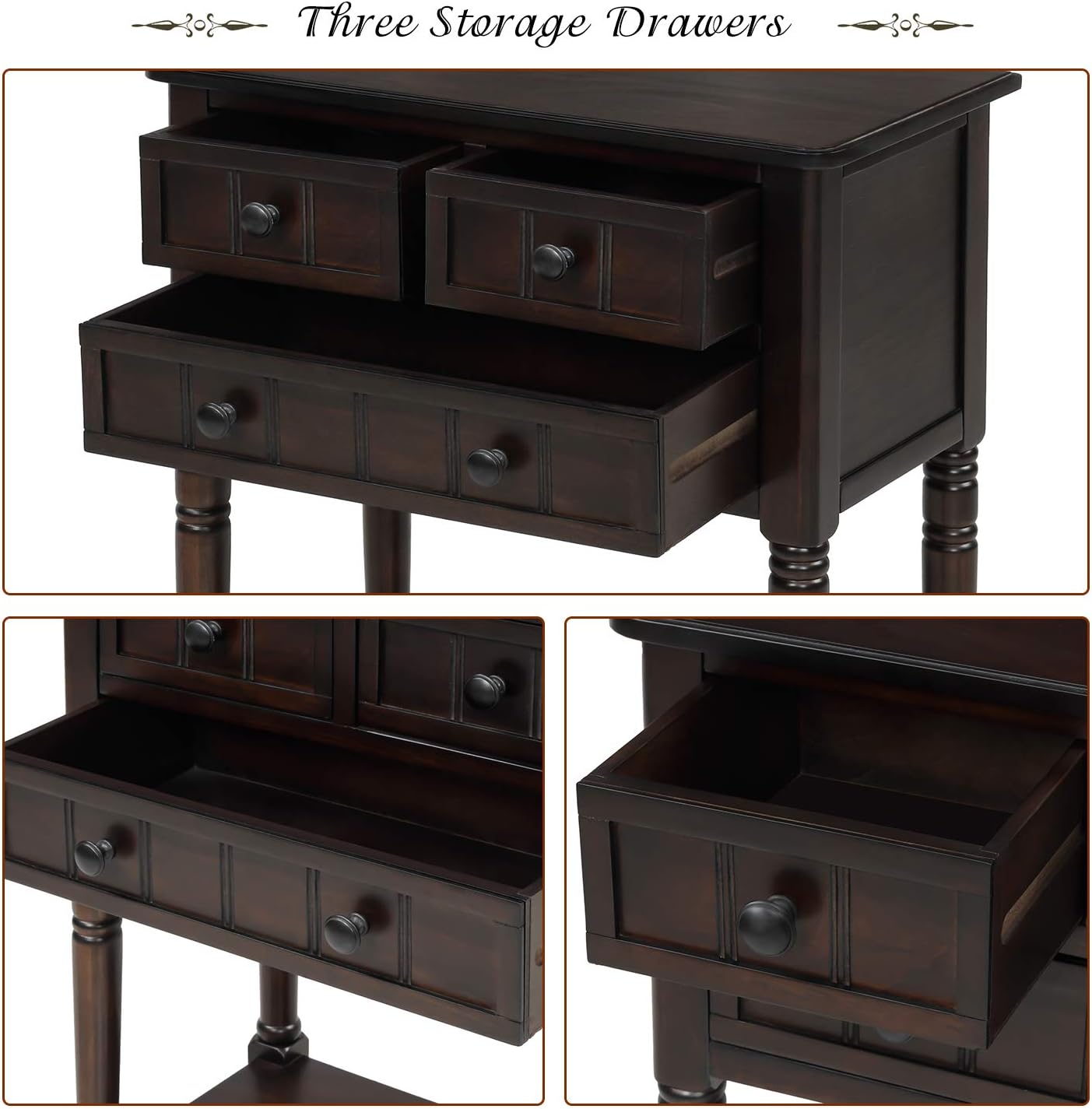 Knocbel Slim Antique Entry Console Table with Drawers & Bottom Open Shelf, Solid Wood Sofa Couch Table for Entryway Hallway Living Room (Espresso)