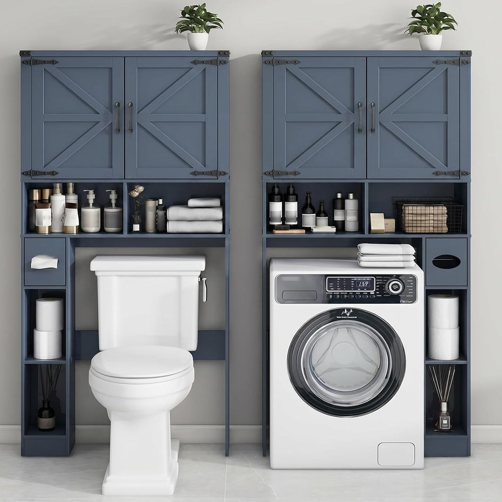 Vabches Over The Toilet Storage Cabinet, Farmhouse Storage Cabinet Over Toilet with 2 Barn Doors & Toilet Paper Holder Stand，Home Space-Saving Toilet Rack, for Laundry, Restroom, Bathroom.Blue