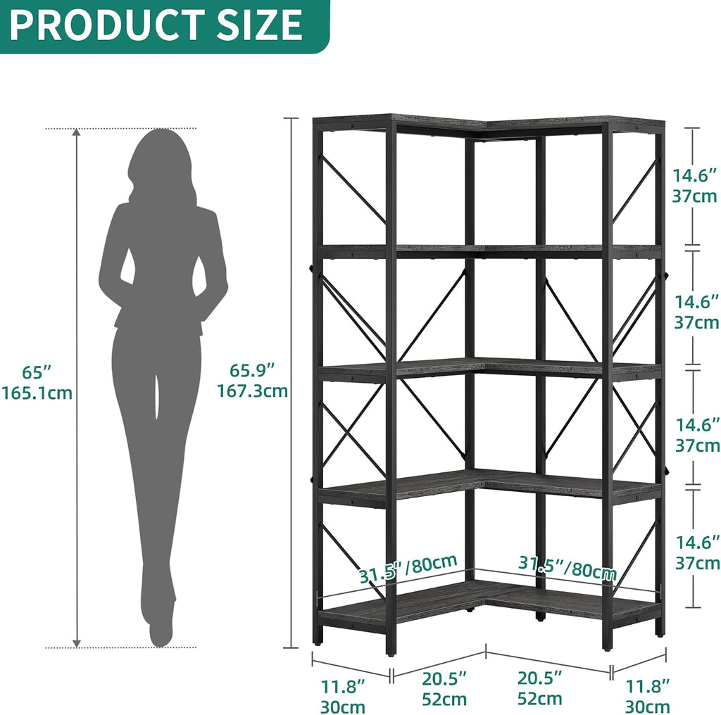 YITAHOME Corner Bookshelf, Industrial Corner Shelf 5 Tier Bookcase, Large Display Rack Storage for Bedroom, Living Room, Home Office,Charcoal Gray + Black