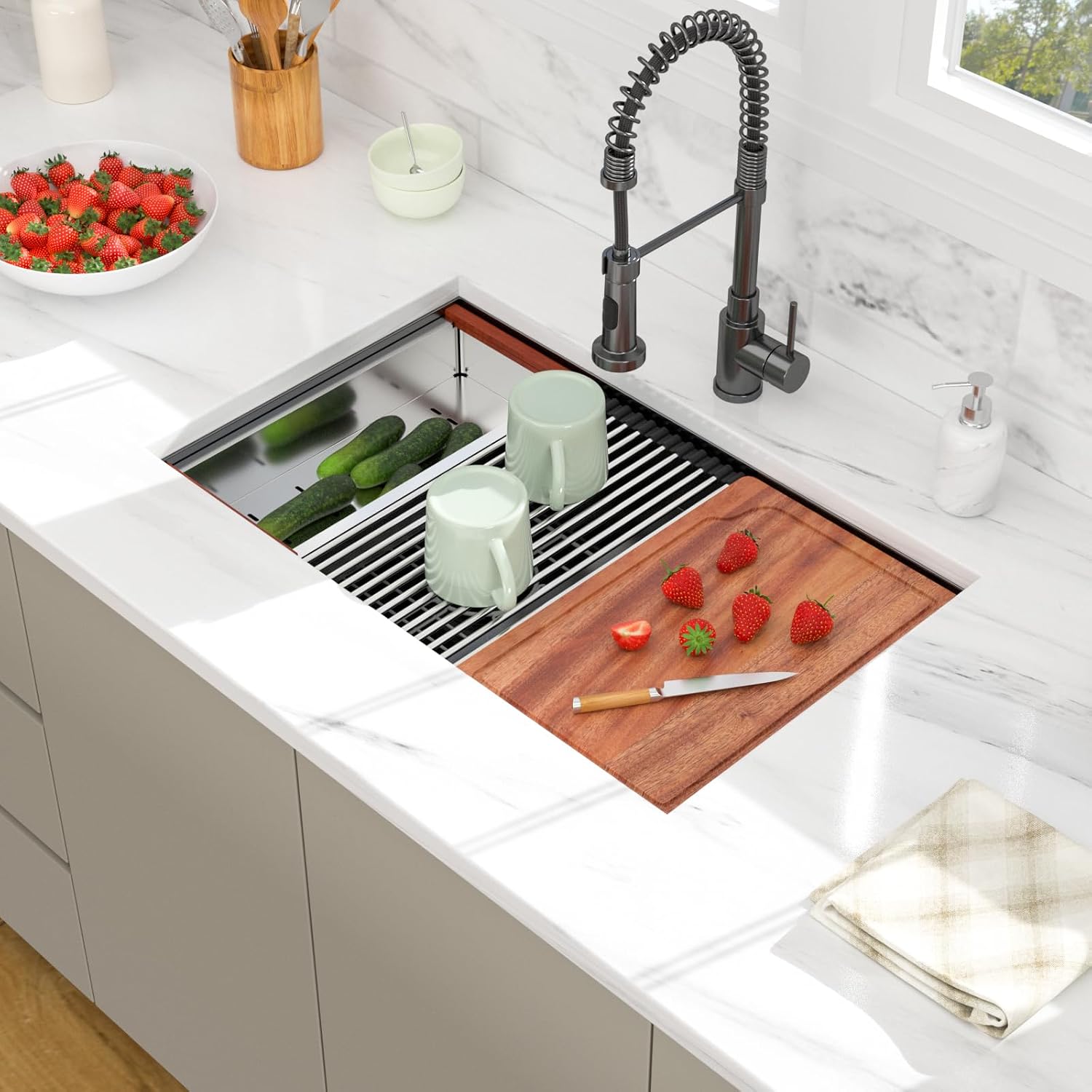 30 Black Undermount Kitchen Sink - 30x19 Gunmetal Black Double Bowl Kitchen Sinks Workstation 16 Gauge Stainless Steel Sink Low Divide Double Basin 50/50