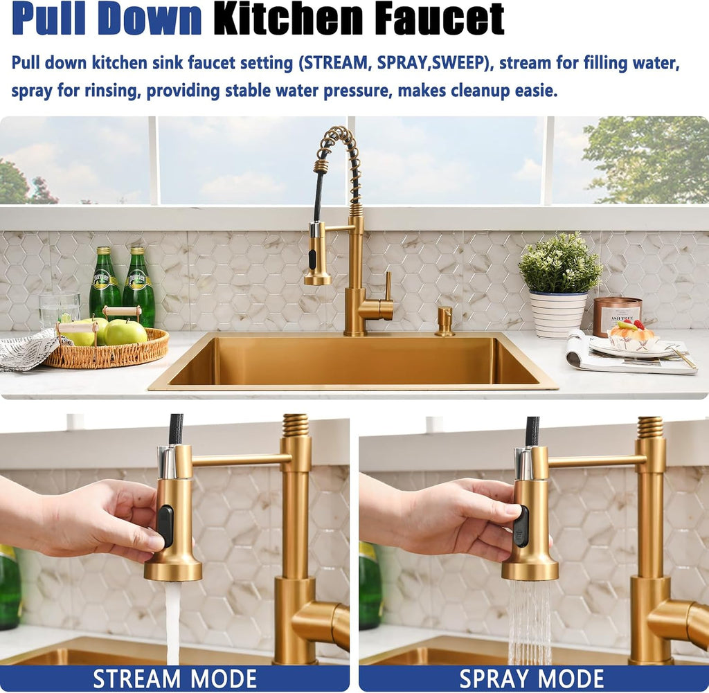 25 Inch Gold Drop In Kitchen Sink with Faucet Combo - 25x22 Modern Gold Stainless Kitchen Sink Drop In, Single Bowl Top Mount Sink with Soap Dispenser & Accessories