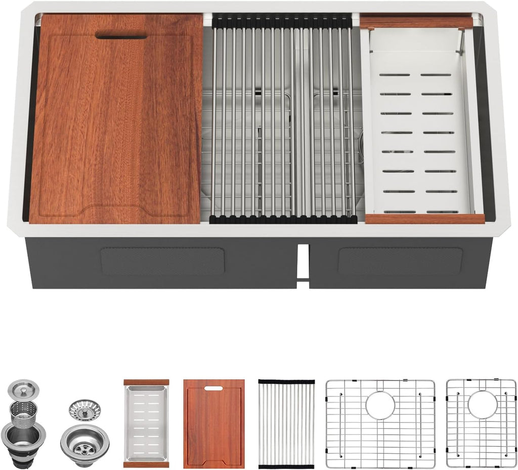 Lordear 30 Inch Kitchen Sink Double Bowl Workstation Kitchen Sinks Low Divide Double Bowl 60/40 16 Gauge Stainless Steel Under Counter Sink Basin 30x19x10 Inch