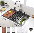 33 Inch Black Drop In Kitchen Sink Workstation - VOKIM 33x22-Inch Drop In Sink Stainless Steel Top Mount 16 Gauge Single Bowl 10'' Deep Handmade Kitchen sink with Cutting Board& Strainer