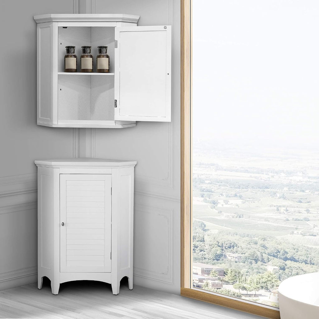 Teamson Home Glancy Freestanding Corner Floor Cabinet with Faux Louvered Door, White | Wooden, Faux Louvered Door, 2 Adjustable Tier Storage, For Bathroom Living Room
