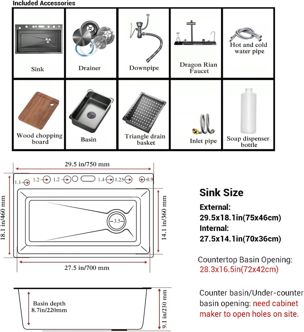 Dual Waterfall Kitchen Sink Modern Kitchen Sink Single Bowl Digital Smart Sink with Soap Dispenser Stainless Steel Sink with Pull-Out Faucet Workstation Sink with Honeycomb(29.5x18.1in)