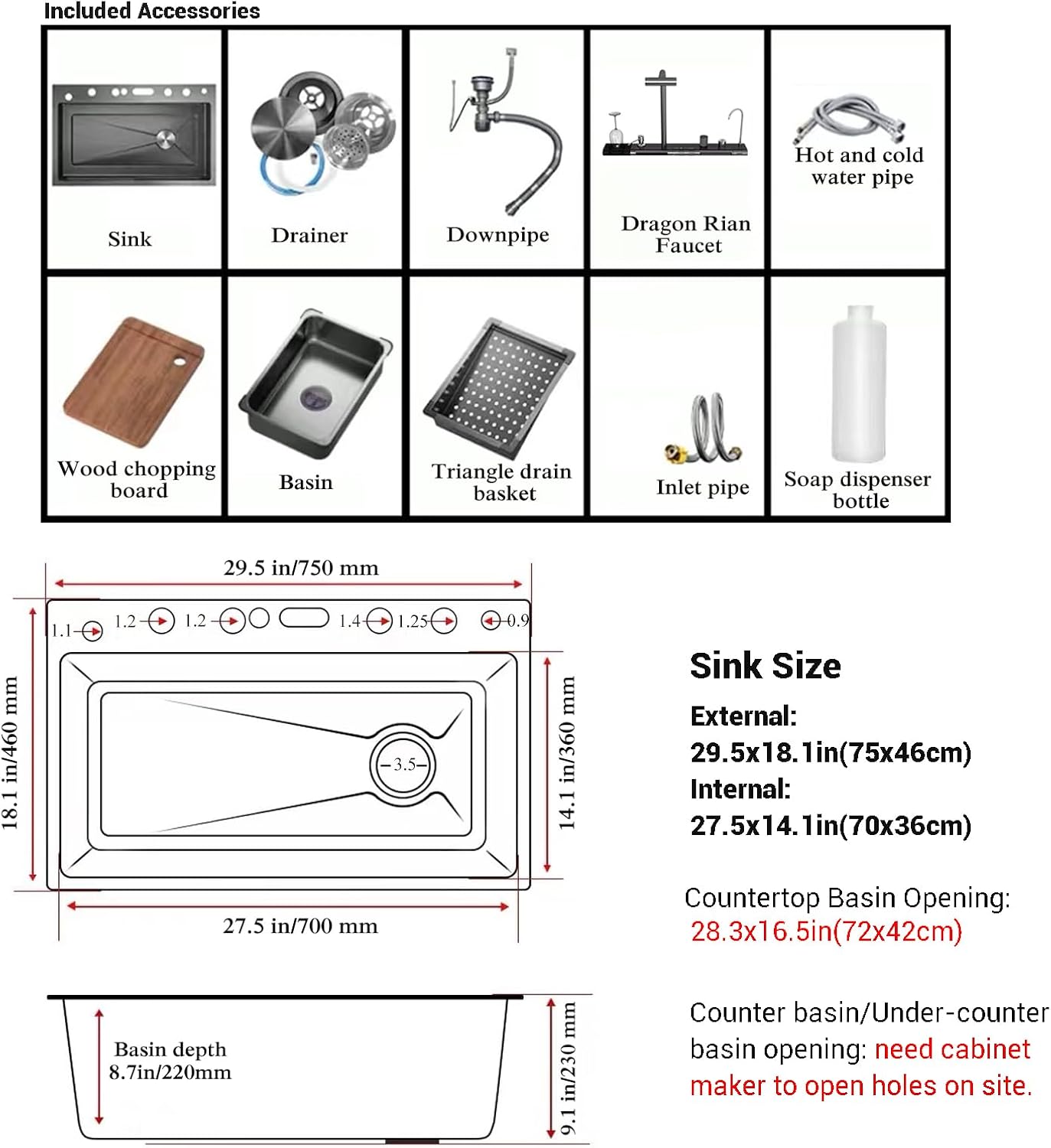 Dual Waterfall Kitchen Sink Modern Kitchen Sink Single Bowl Digital Smart Sink with Soap Dispenser Stainless Steel Sink with Pull-Out Faucet Workstation Sink with Honeycomb(29.5x18.1in)