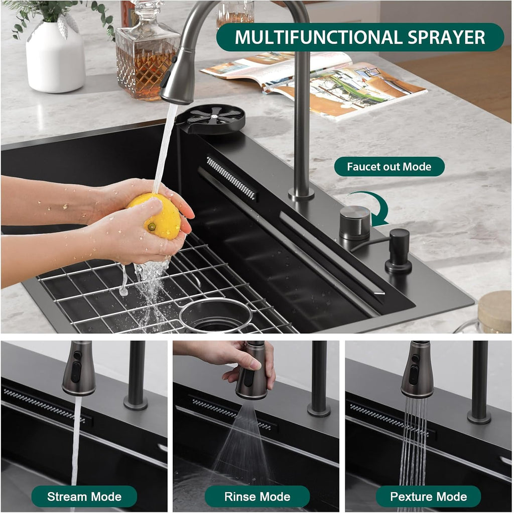 36 Inch Black Drop In Kitchen Sink with Faucet Waterfall 16 Gauge Stainless Steel Workstation All-In One Single Bowl 3-Holes Sink with Cup Washer, Soap Dispenser, Gunmetal Black #TLWF-0032