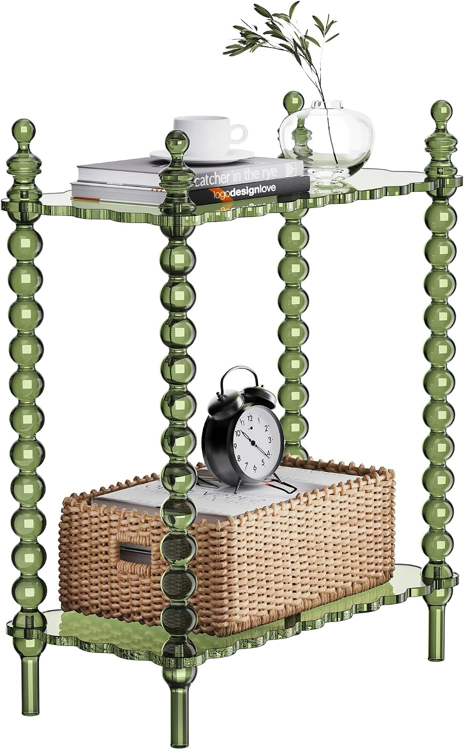 Acrylic Side Table 2-Tier, Clear Nightstand with Storage, Narrow Bedside End Table for Small Spaces (Green, 20.6'×10.4'×26')