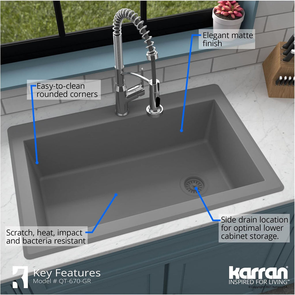 Karran QT-670 Drop-In/Top Mount 33' Single Bowl Granite Quartz Composite Kitchen Sink in Concrete, Right Side Drain, Extra Deep 9' Basin, Heat & Scratch Resistant, Sound Dampening