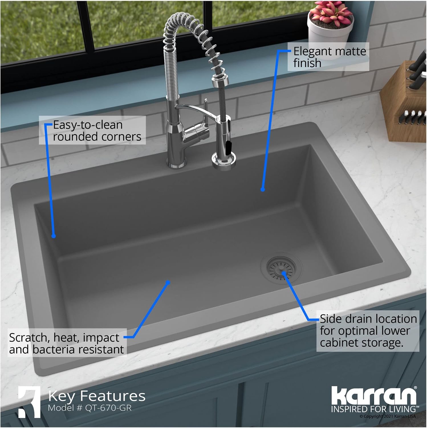Karran QT-670 Drop-In/Top Mount 33' Single Bowl Granite Quartz Composite Kitchen Sink in Concrete, Right Side Drain, Extra Deep 9' Basin, Heat & Scratch Resistant, Sound Dampening