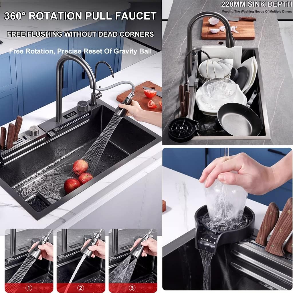 Stainless Steel Single-Bowl Kitchen Workstation Sink Multi-functional Farmhouse Sink Waterfall Pull-Down Faucet And Complete Accessory Set (Color : Black, Size : 75x46x22cm) (Black 80x46x22cm)