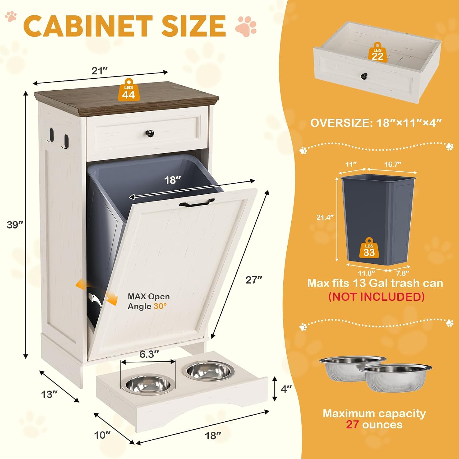 21''W Dog Feeding Station with Storage, (White, Single Door)