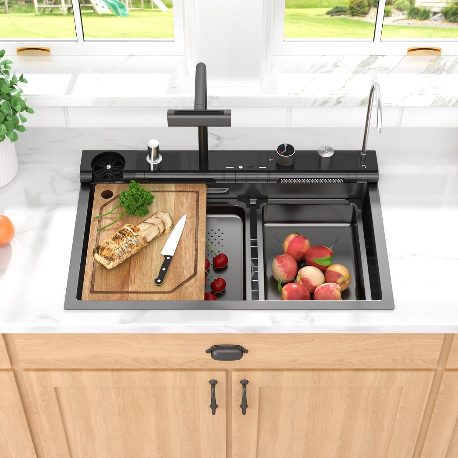 Smart Kitchen Sink - 30' Drop In Waterfall Single Bowl 16 Gauge 304 Stainless Steel Workstation Sink with Mechanical Control Panel & Pull-Down Faucet, Gunmetal Black for Decoration #TLWF-0012