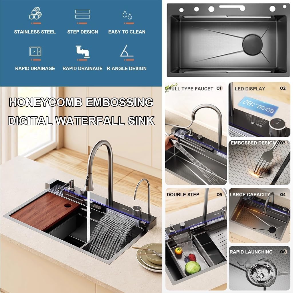Stainless Steel Single Bowl Kitchen Workstation Sink Multi-Functional Bar Sink Waterfall Pull-Down Faucet and Complete Accessory Set (Black 75x45x21cm)