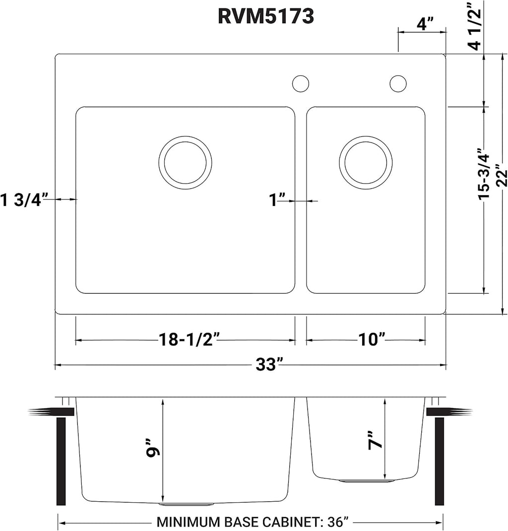 Ruvati 33 x 22 inch Drop-in Topmount Kitchen Sink 16 Gauge Stainless Steel 70/30 Double Bowl - RVM5173