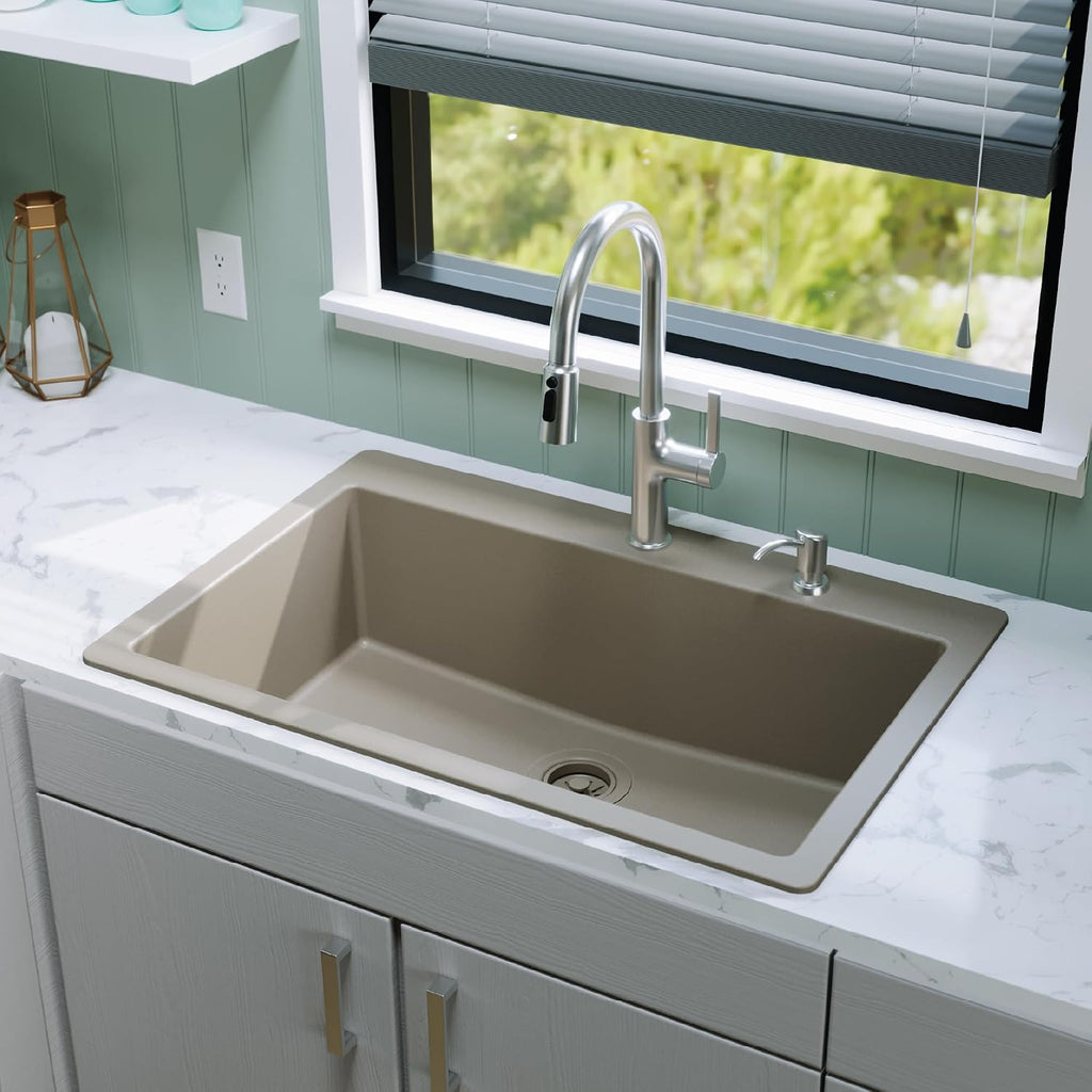 Karran 33' Drop-In Top Mount Quartz Composite Single Bowl Kitchen Sink in Concrete – Extra Deep 9' Basin, Heat Resistant, Sound Dampening, Easy Clean Surface