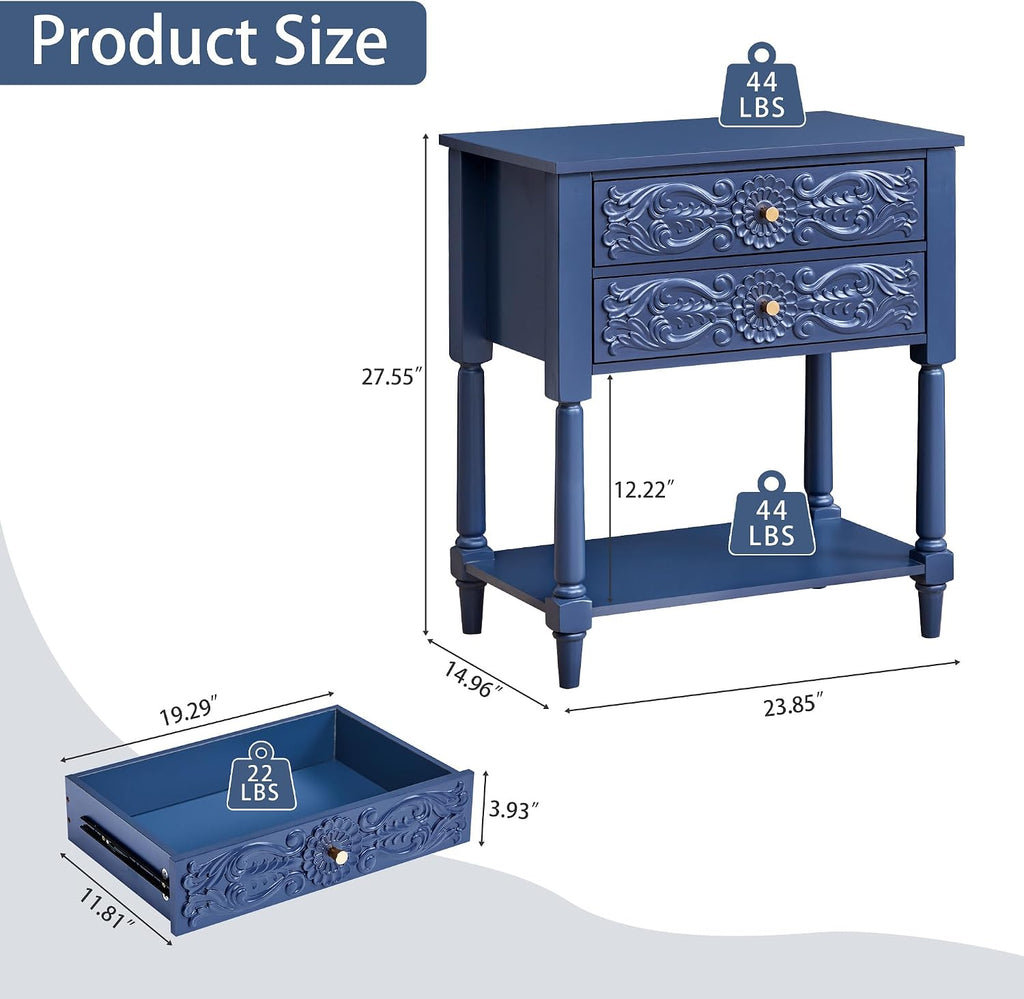 Nightstand, Farmhouse Bedside Table with 2 Drawers and Open Shelf, Wood Sofa Side Table End Table Accent Dresser for Bedroom, Living Room (with Shelf, Blue)