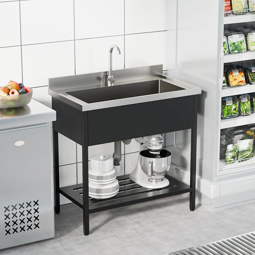 ROVSUN Stainless Steel Utility Sink, 18-gauge Free Standing with Faucet & Legs for Laundry Room, Kitchen, Restaurant, Garage, Outdoor Garden, Backyard, Industrial 20'D x 36'W x 35.5'H Black