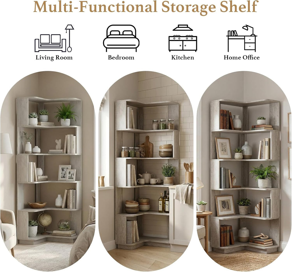 5 Tier Corner Bookshelf, Freestanding L-Shaped Wooden Bookcase with Open Shelves, Anti-Fall Panels and Anti-Tipping Device for Living Room, Bedroom, Home Office (Light Gray)