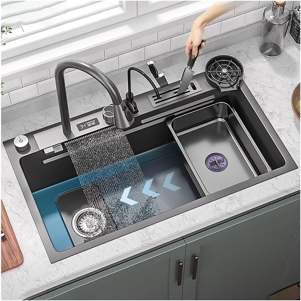 Stainless Steel Waterfall Kitchen Sink Single Bowl Bar Sink with Three-in-one Pull-Out Faucet LED Digital Display Screen Pressurized Cup Washer Knife Holder Box (Black 75x45x21cm)