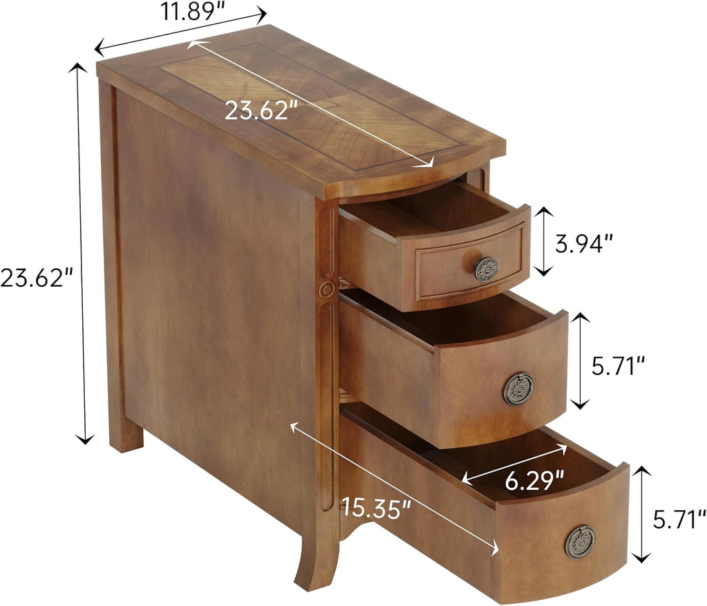 Farmhouse Solid Wood End Table, 3-Drawer Narrow Side Table Slim Chair Table for Living Room, Sofa Table with Drawers, Small Nightstand for Bedroom, No Assembly Required, Brown