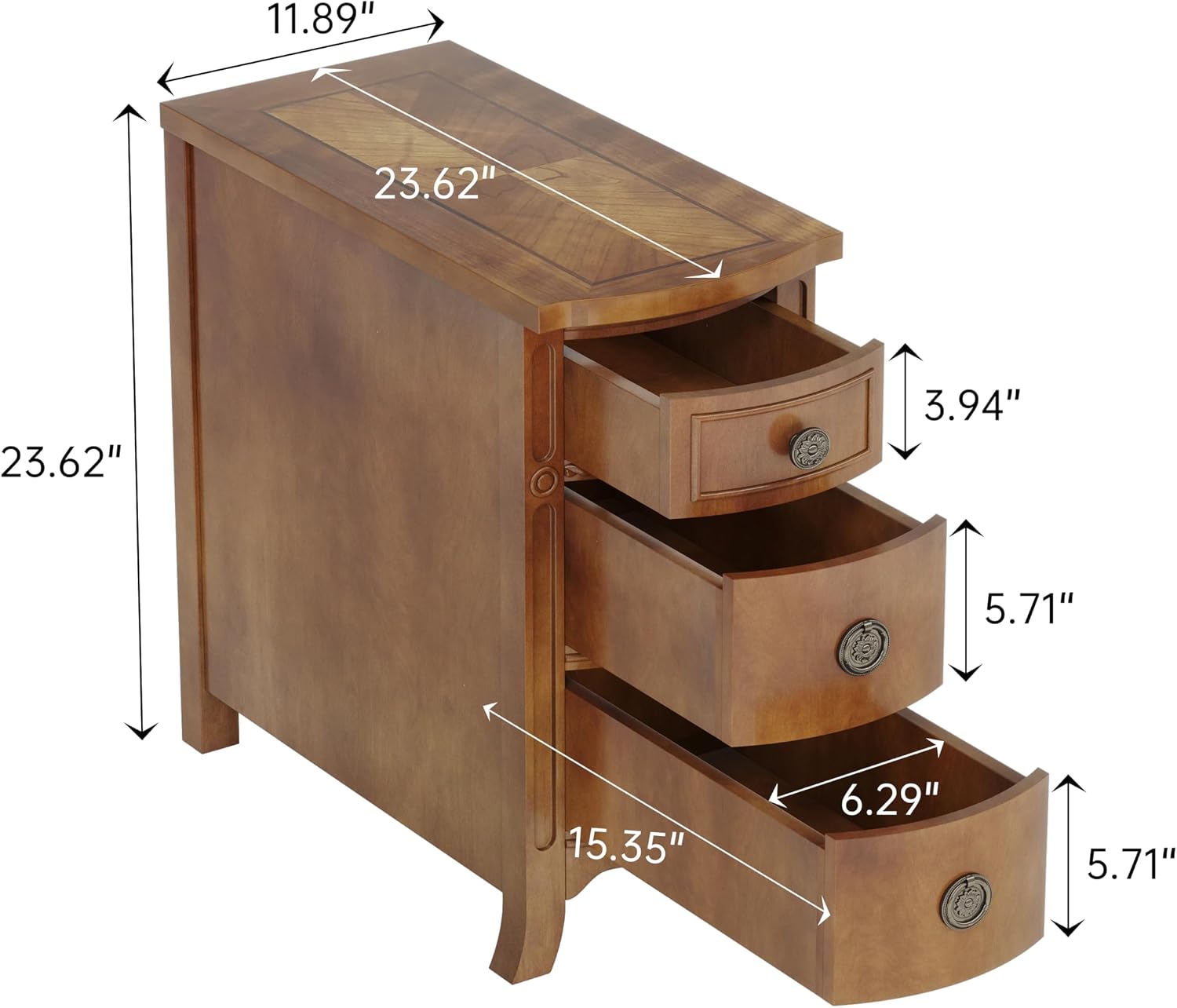 Farmhouse Solid Wood End Table, 3-Drawer Narrow Side Table Slim Chair Table for Living Room, Sofa Table with Drawers, Small Nightstand for Bedroom, No Assembly Required, Brown