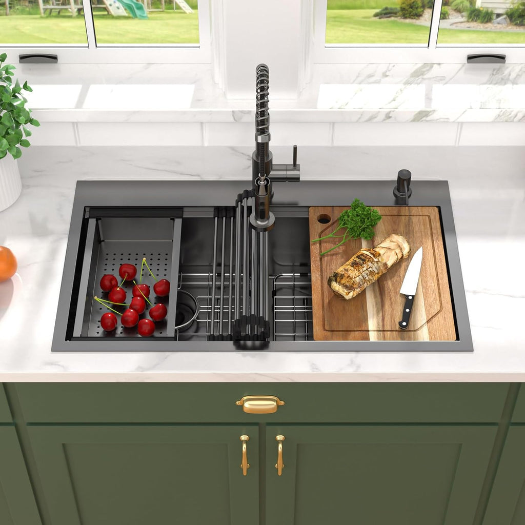 33 Double Bowl Kitchen Sinks with Faucet - 33x19 Drop In Workstation Black Kitchen Sink, Topmount Stainless Steel 16 Gauge Double Bowl 50/50 Split Handmade Sinks Round Corner #TLT-0026