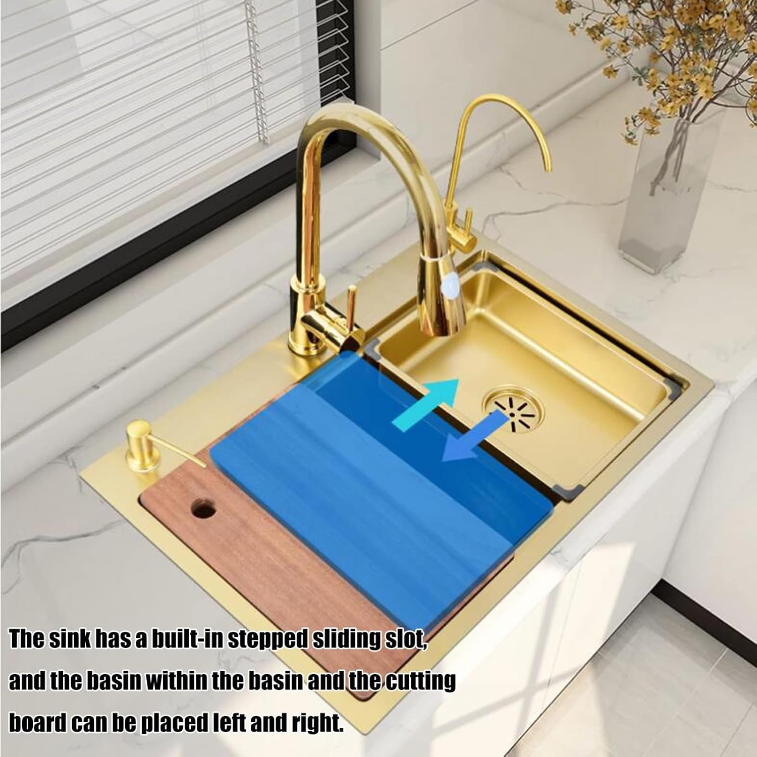 Kitchen Sink Gold, Single Bowl Kitchen Sinks Drop in 304 Stainless Steel Kitchen Sink with Tap, Soap Dispenser and Water Filter,with Mounting Accessories,80(