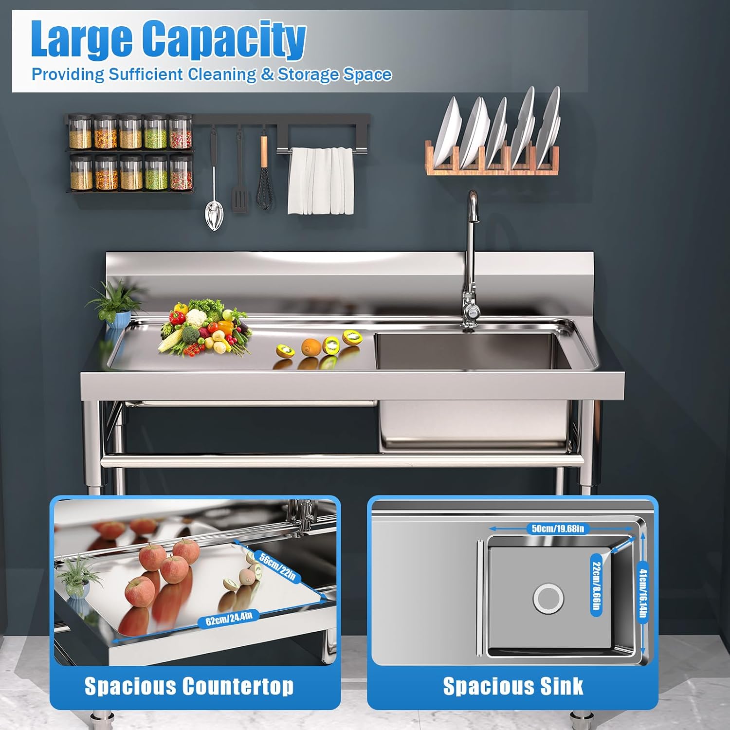 CNCEST Commercial Kitchen Sinks Single Bowl,304 Stainless Steel Catering Prep Table,Kitchen Wash Bowl Sink Basin,120x60x80cm,for Restaurant, Laundry, Garage (1 Bowl)
