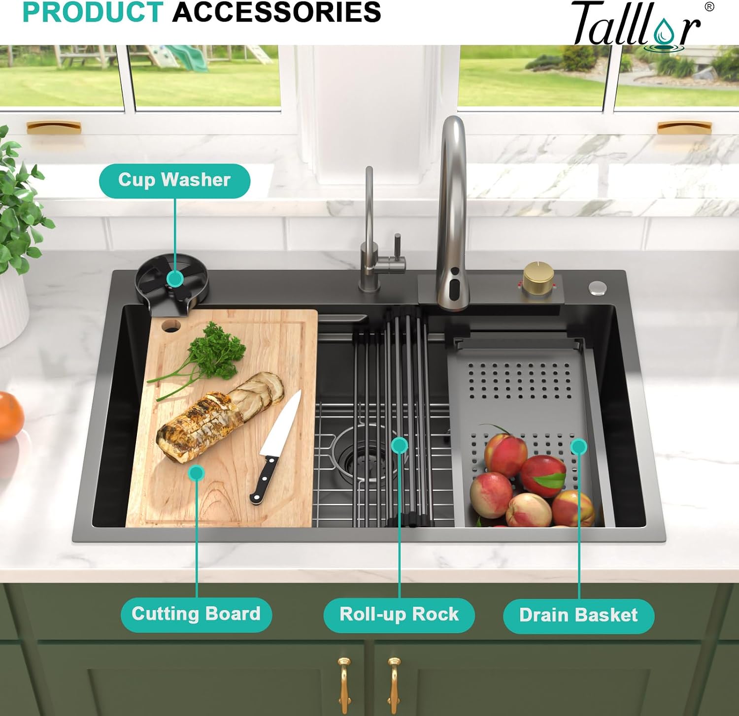 33x22 Gunmetal Black Drop In Kitchen Sink with Faucet, Waterfall Feature & Cup Washer, 16 Gauge 304 Stainless Steel, Workstation Accessories 3-Holes Sink for Residential Kitchen #TLWF-0001