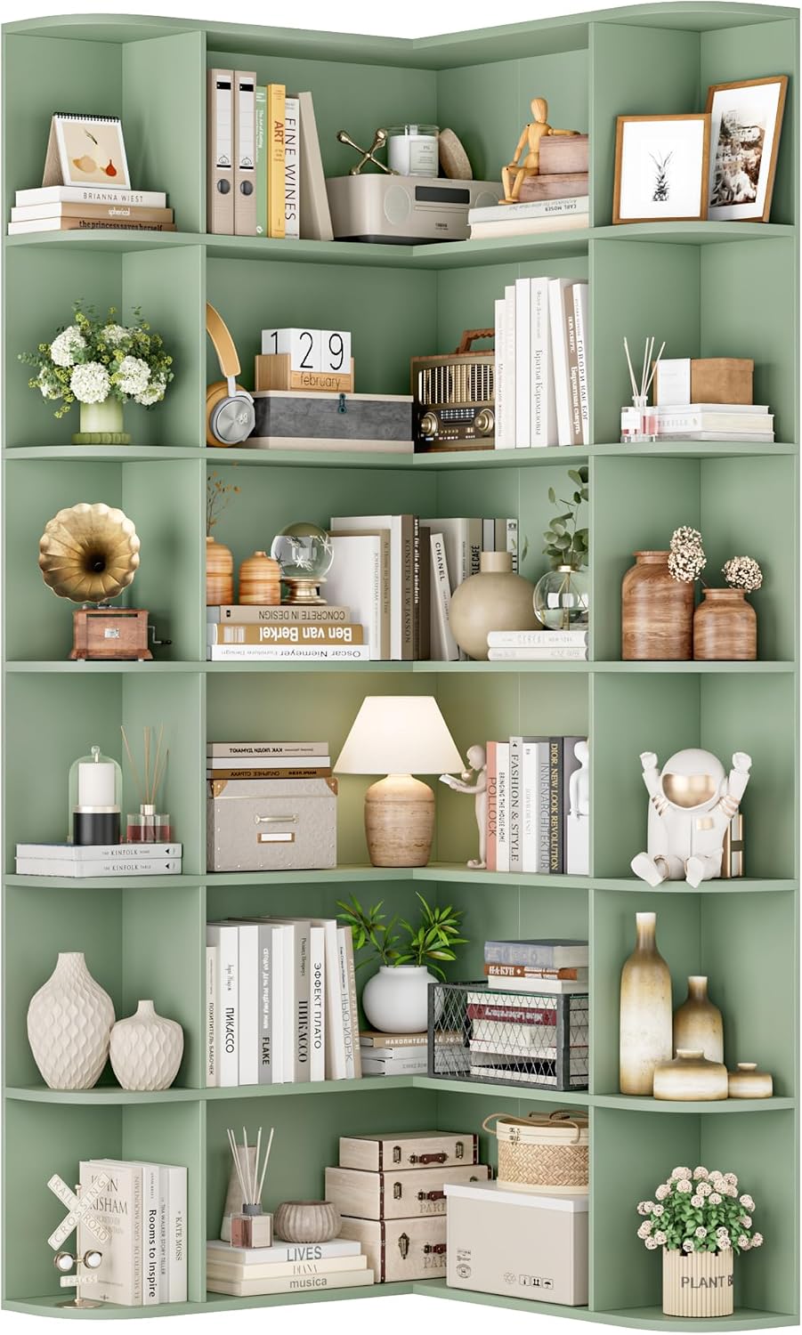 FOTOSOK 72' Tall Corner Bookshelf, 6-Tier Bookshelf and Bookcase with Open Storage, Tall Bookcases Wooden Storage Shelves for Home Office, Thickened Boards for Better Load Bearing, Green
