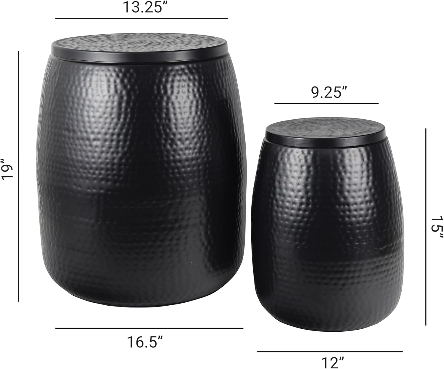 happimess SSL2002A-2SET Merida Modern Rustic 2-Piece Hammered Metal Drum Storage Side Tables with Lids, End Table for Decoration in Living Room, Bedroom, Bathroom, Matte Black