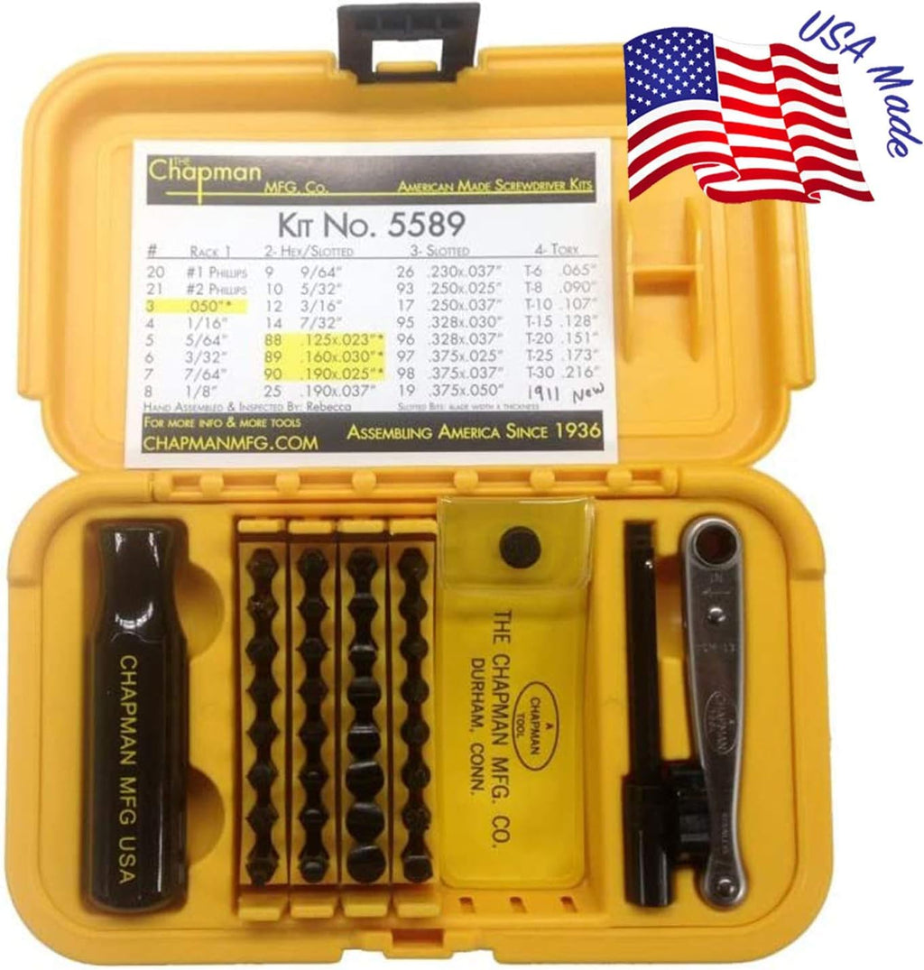 Chapman MFG 5589 Ultimate Gunsmith Screwdriver Set - Slotted, SAE Hex, Phillips, Grip Screw & Star Bits (Fit Torx Screws) - 32 USA Made Bits + Mini Ratchet, Screwdriver Handle, Spinner & Extension