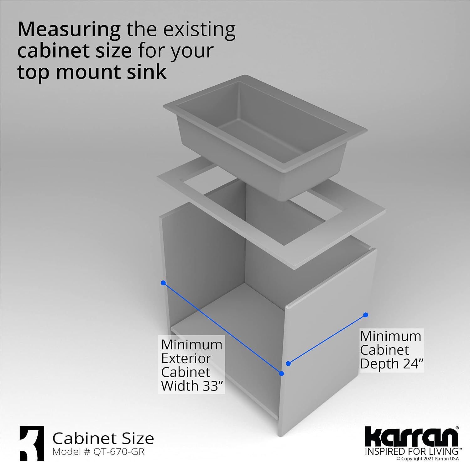 Karran QT-670 Drop-In/Top Mount 33' Single Bowl Granite Quartz Composite Kitchen Sink in Grey, Right Side Drain, Extra Deep 9' Basin, Heat & Scratch Resistant, Sound Dampening