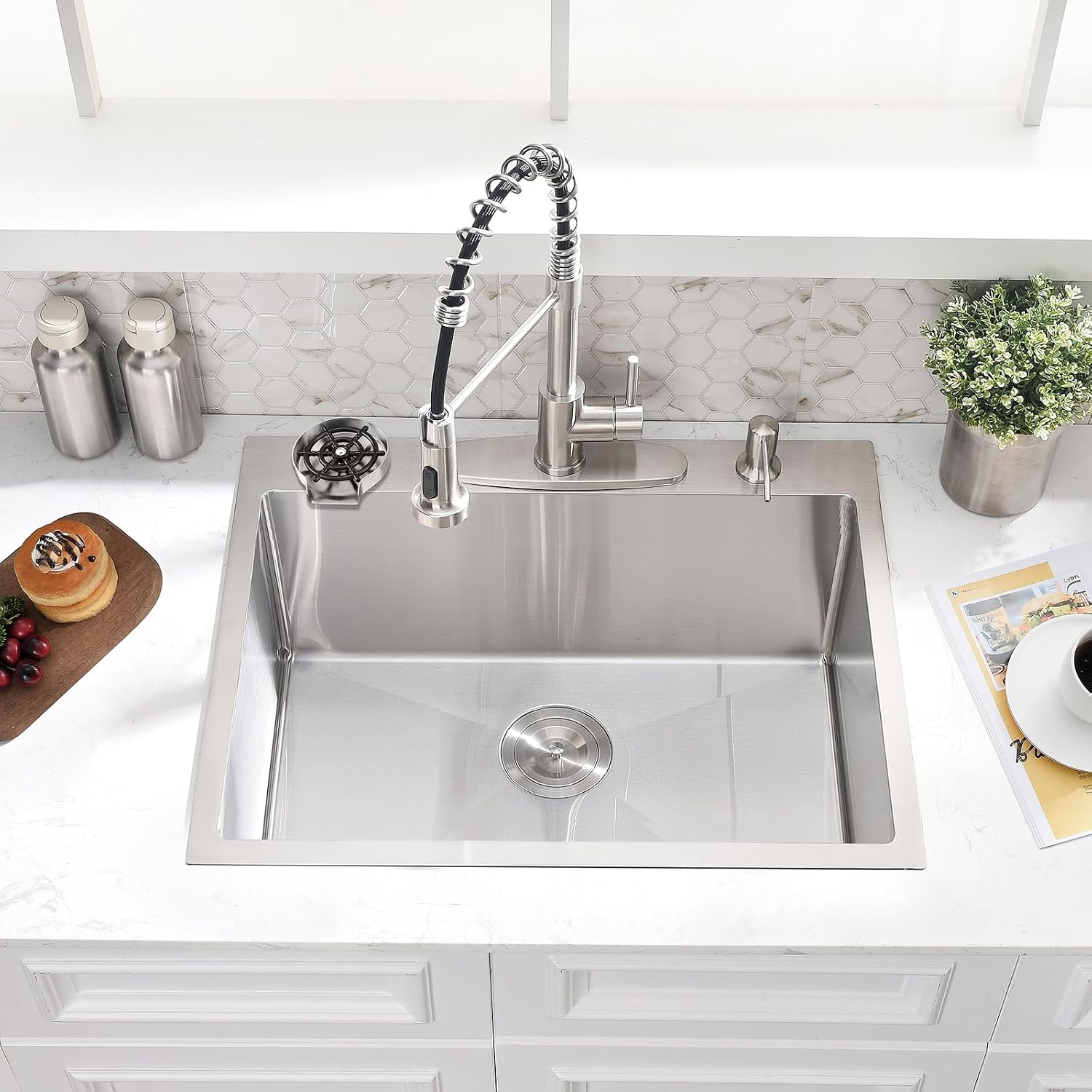 25 Inch Drop In Kitchen Sink with Faucet Combo - Stainless Steel Drop In Sink with Cup Washer, 9 Inch Deep Single Bowl Kitchen Sinks and Faucets Combo Set,Top Mount Design for Modern Kitchens