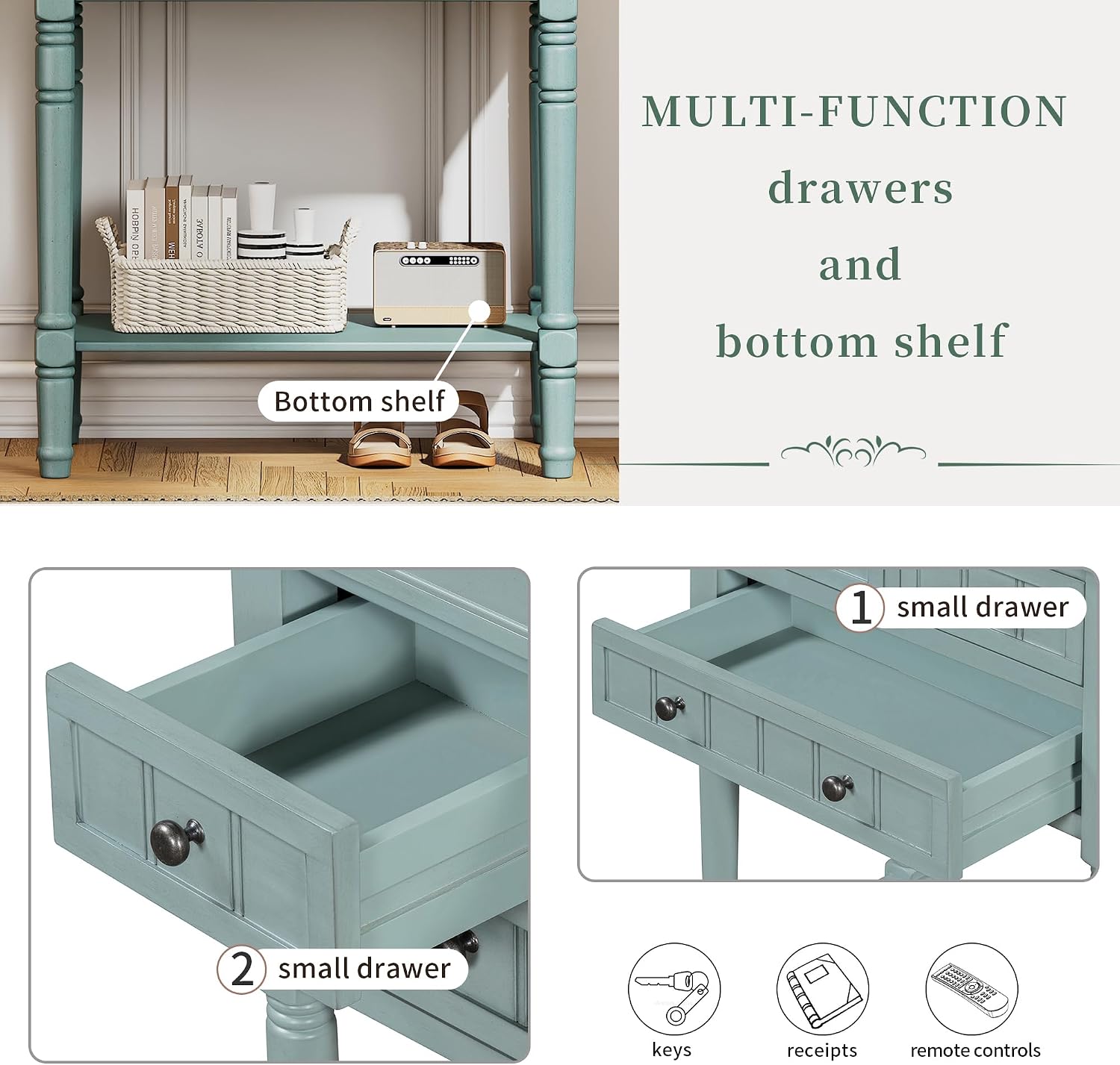 Knocbel Slim Antique Entry Console Table with 3 Drawers & Bottom Open Shelf, Solid Wood Narrow Sofa Couch Table for Entryway Hallway Living Room 23.7' W x 13' D x 31.4' H Light Blue