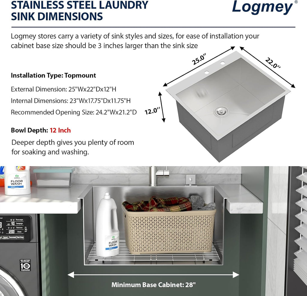 Logmey 25x22 Drop in Laundry Sink 25 Inch Laundry Room 12' Deep Sinks Handmade 16 Gauge Heavy Duty Stainless Steel Large Capacity Utility Washing Tub for Home & Commercial Use
