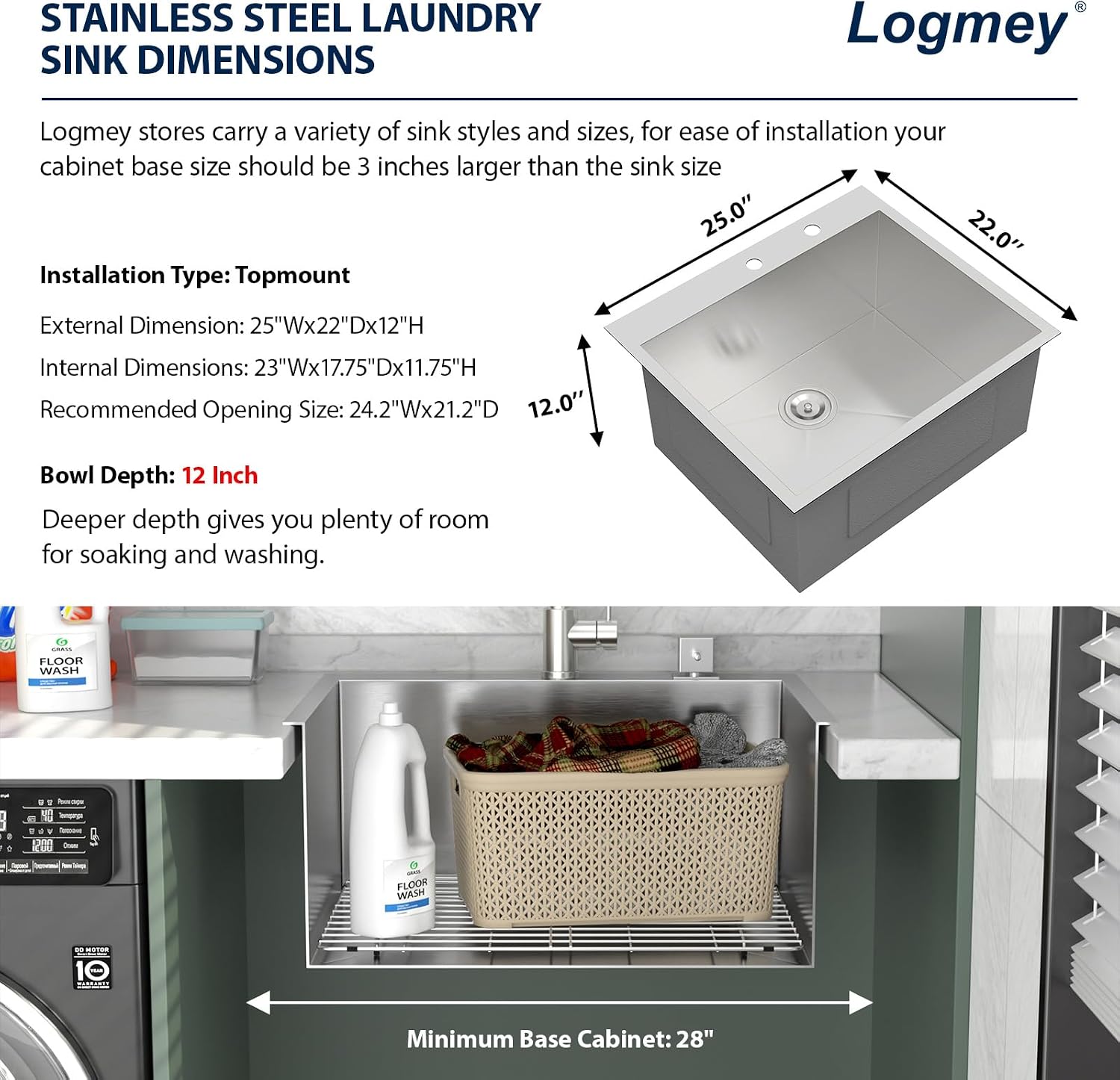 Logmey 25x22 Drop in Laundry Sink 25 Inch Laundry Room 12' Deep Sinks Handmade 16 Gauge Heavy Duty Stainless Steel Large Capacity Utility Washing Tub for Home & Commercial Use