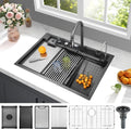 33x22 Inch Smart Waterfal Kitchen Sink Workstation, Gunmetal Black Drop-In Sink Handmade 16 Gauge Stainless Steel Single Bowl